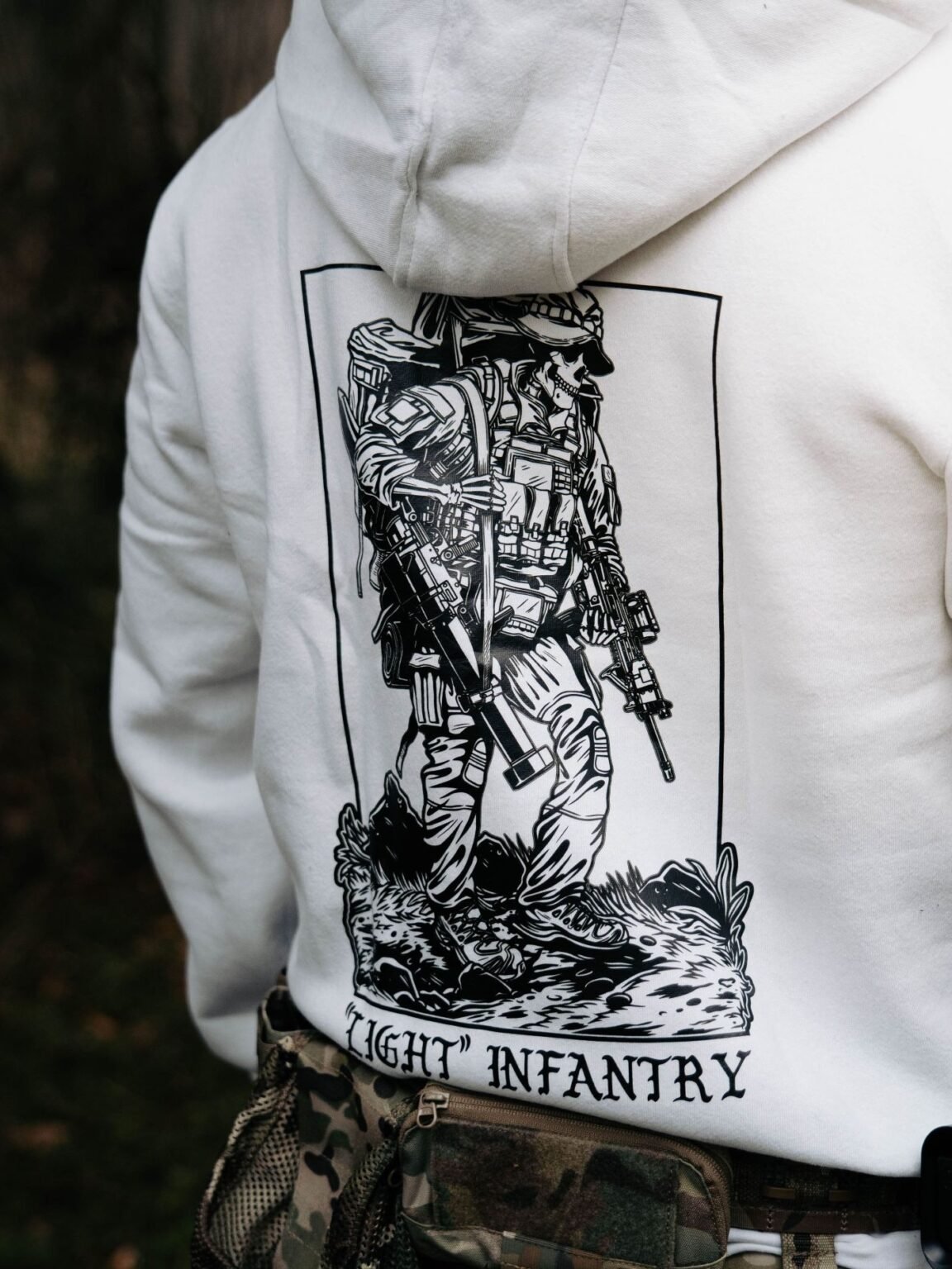 Light Infantry Hoodie detail, military apparel by The Trace