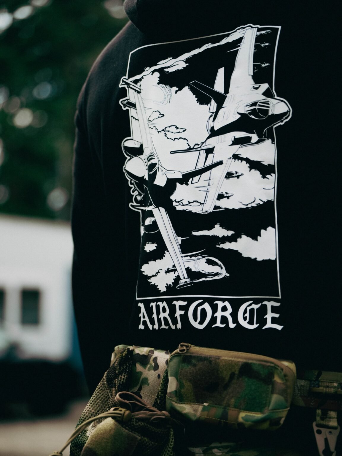 Black military hoodie with a sharp F-35 and F-16 fighter jet graphic, designed for a bold airforce look
