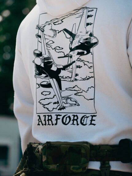 Black military hoodie with a sharp F-35 and F-16 fighter jet graphic, designed for a bold airforce look