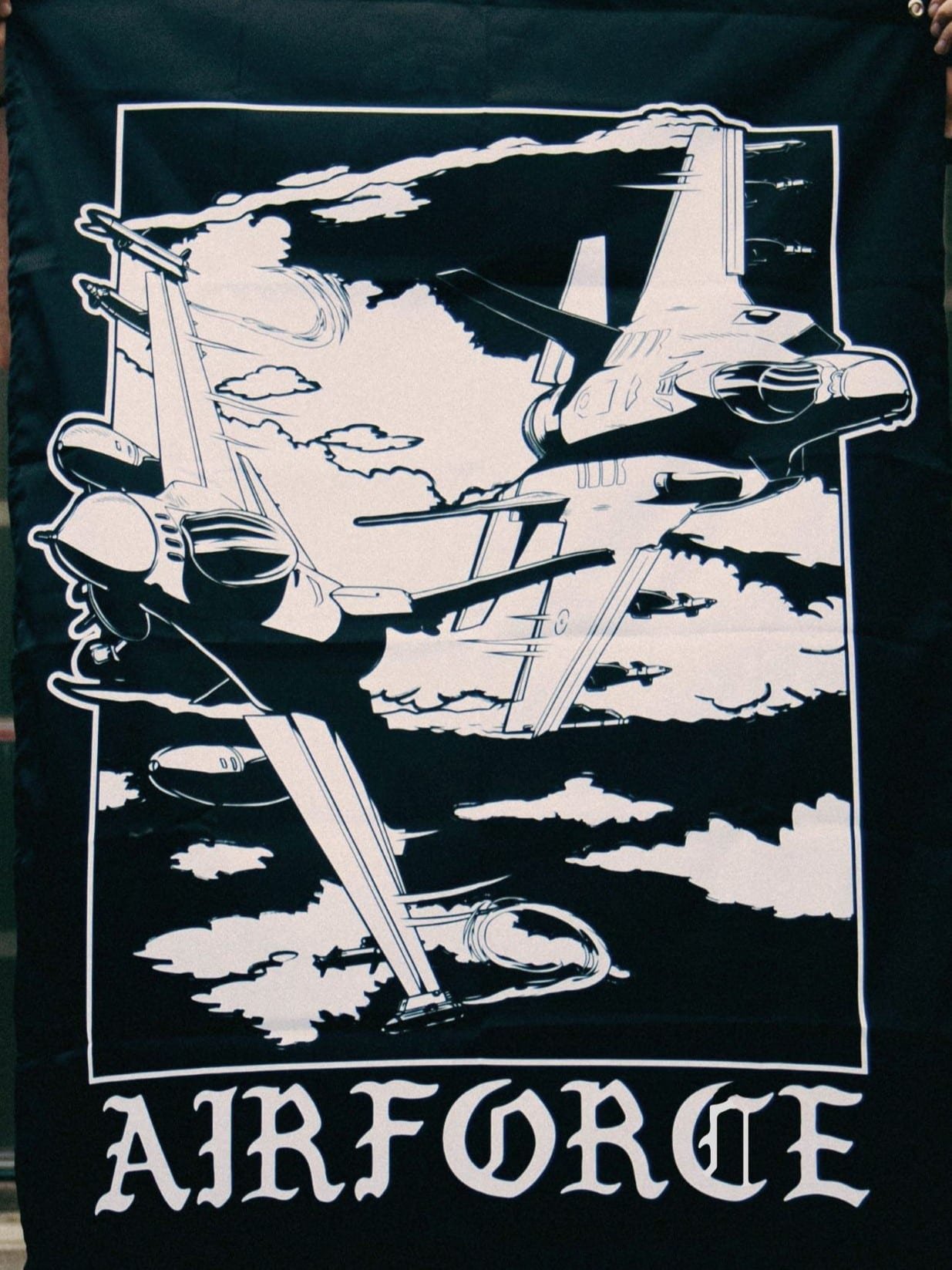 Large fabric flag with a detailed F-35 and F-16 soaring above the clouds, made to display strength