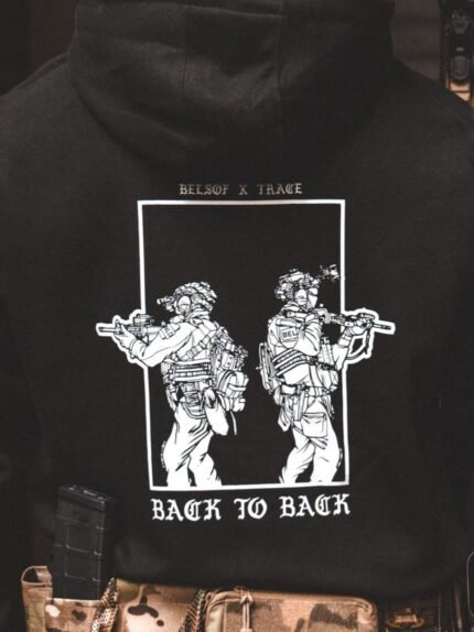 Back to Back Hoodie detail, military apparel by The Trace