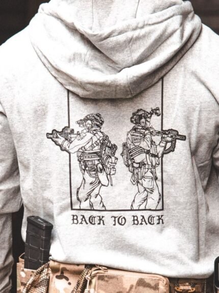 Back to Back Hoodie detail, military apparel by The Trace