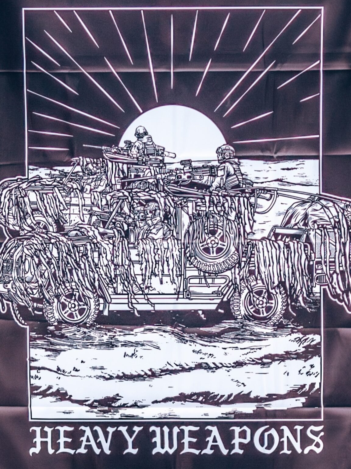 Flag featuring design of a heavy weapons platoon with two vehicles and a mounted .50 caliber gun