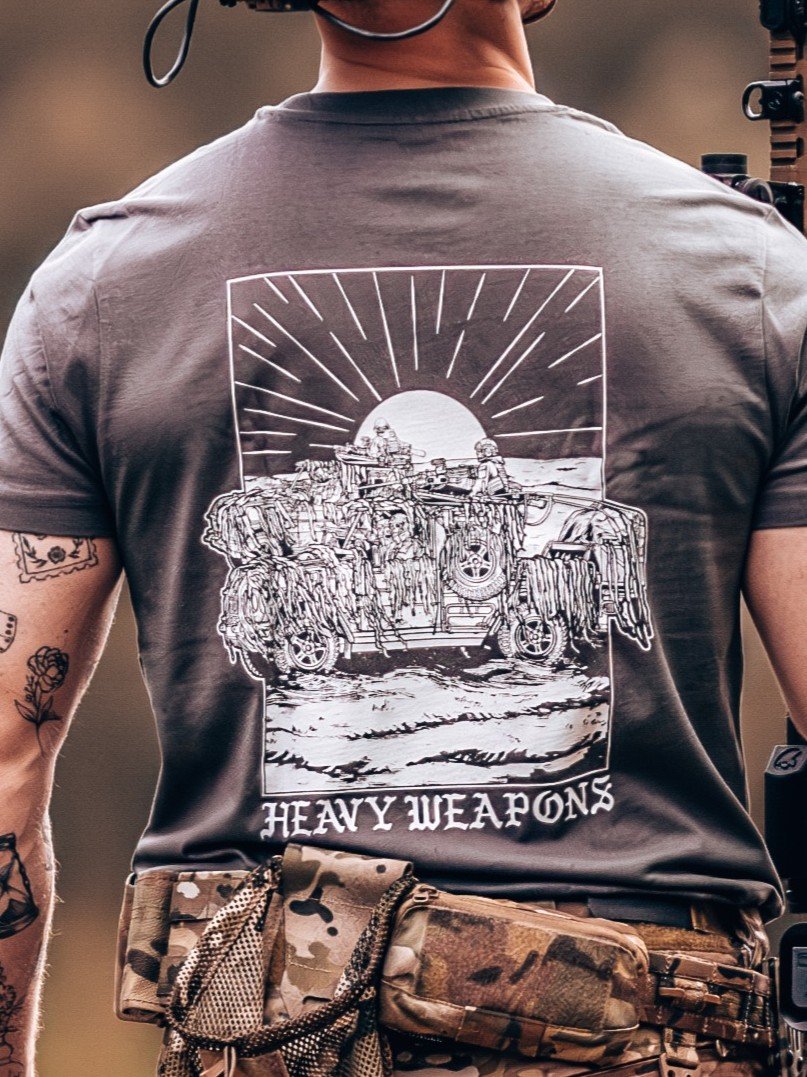 Tshirt featuring design of a heavy weapons platoon with two vehicles and a mounted .50 caliber gun