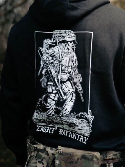 Light Infantry Hoodie detail, military apparel by The Trace