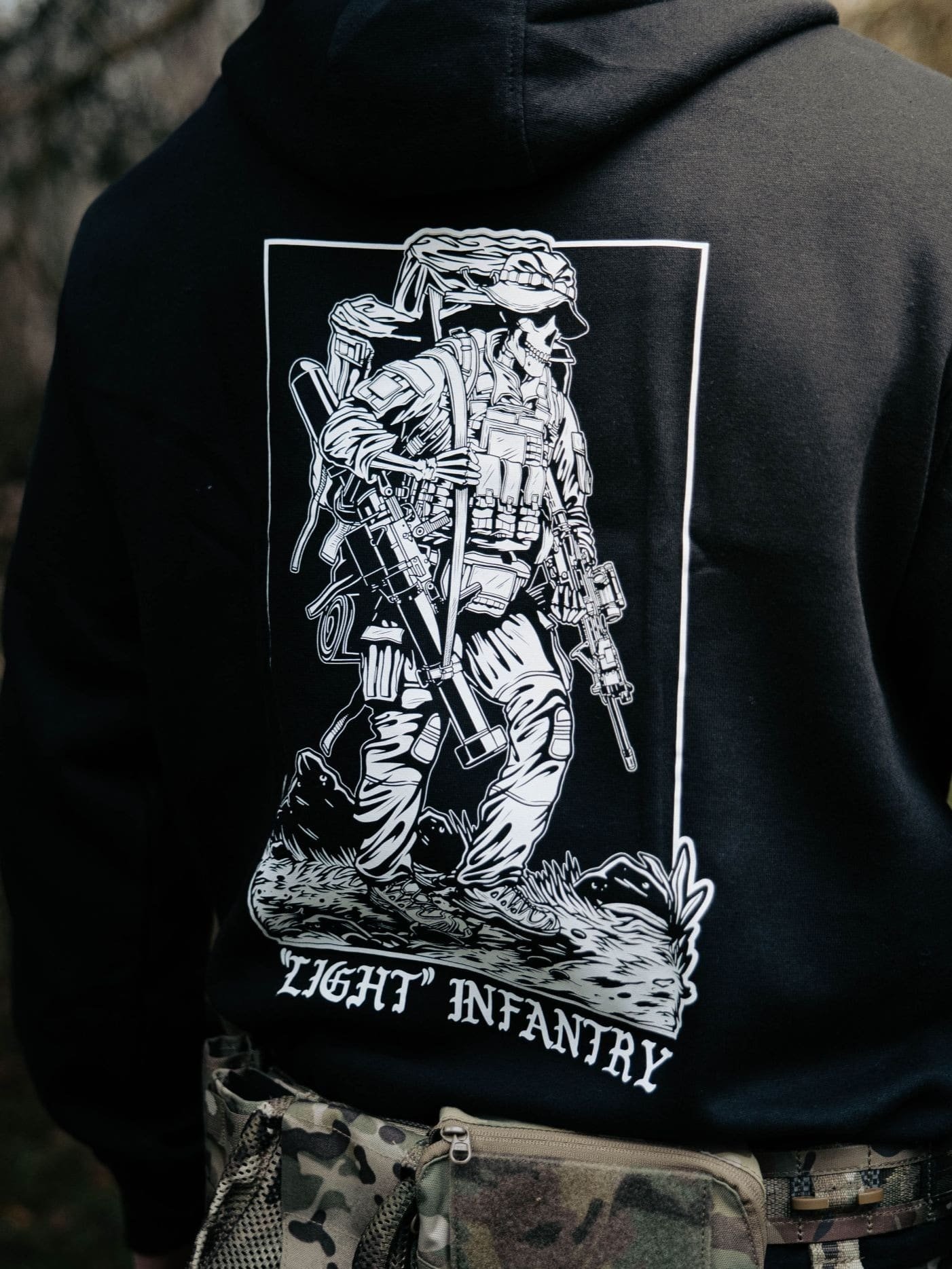 Light Infantry Hoodie detail, military apparel by The Trace