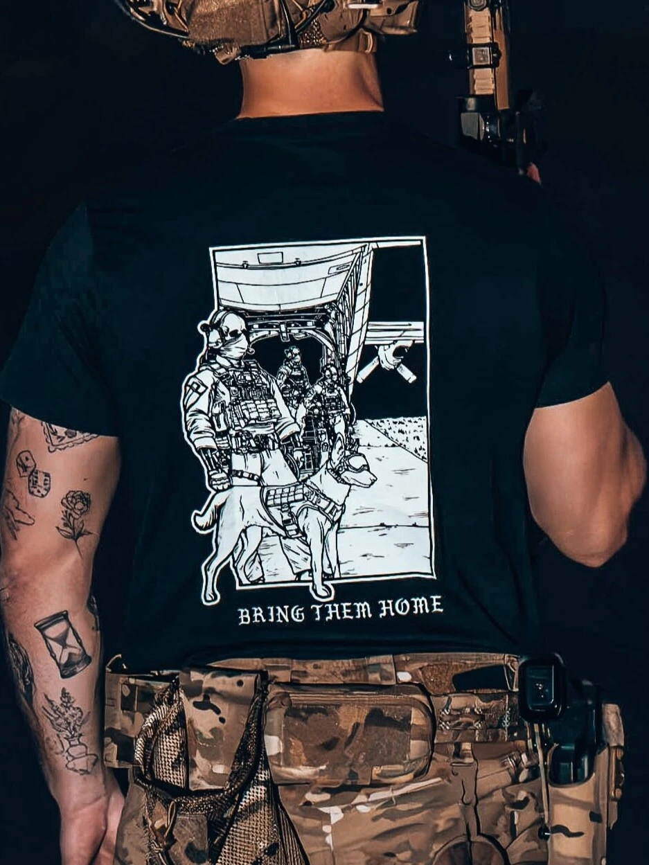 black tshirt from The Trace featuring k9 and his doghandler on a rescue mission by c130.