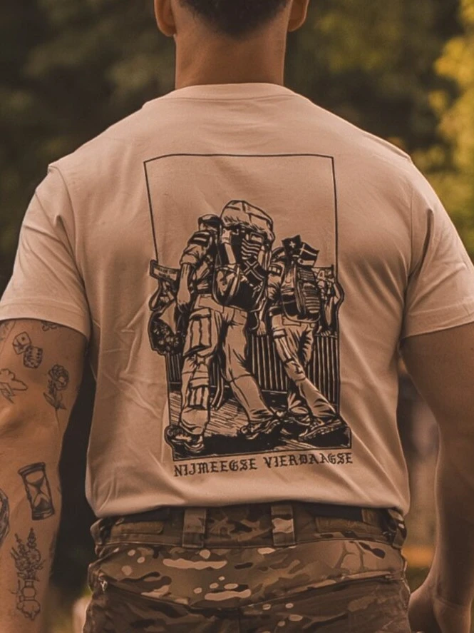 sand T-shirt from The Trace featuring design of two soldiers marching in the Nijmegen Four Days Marches