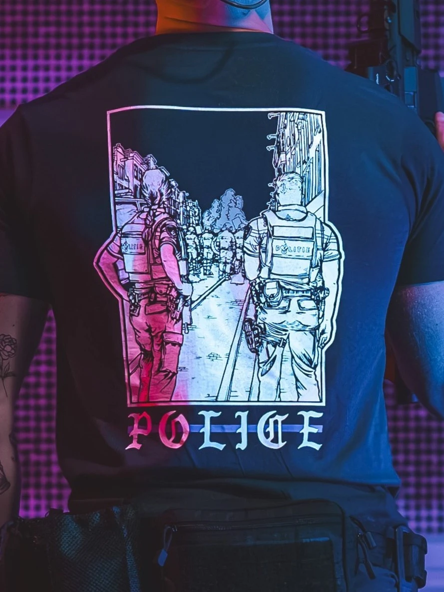 the trace apparel collection featuring two police cops standing in a street watching a riot