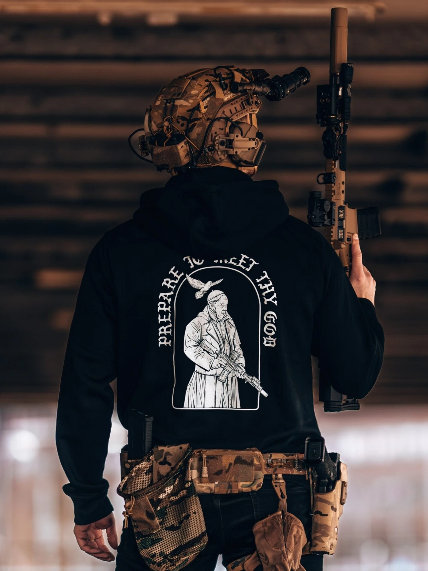 the trace apparel collection featuring the pope with a weapon saying prepare to meet thy god