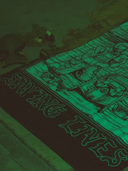 Durable flag printed with Saving Lives imagery of military personnel carrying a wounded comrade as a rescue helicopter hovers above, capturing the essence of sacrifice and unity.