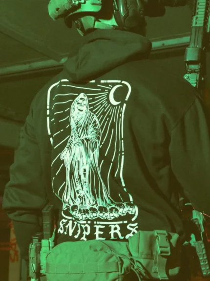 Sniper-themed military hoodie featuring a skeleton standing on skulls, armed with an Accuracy International Arctic Warfare Super Magnum.