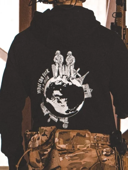 the trace apparel collection featuring 2 operators standing on europe and watching america saying wtf is a mile