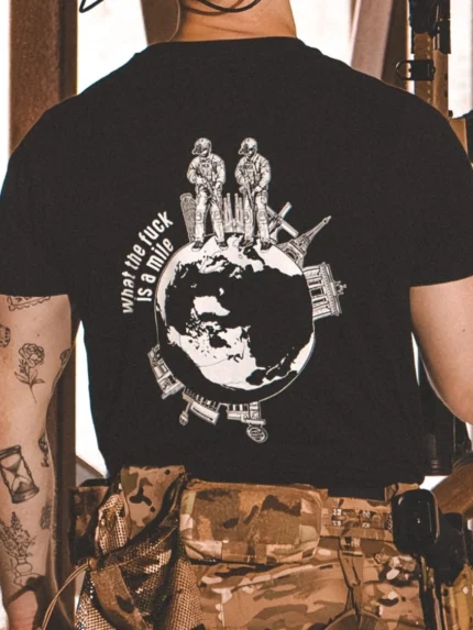 the trace apparel collection featuring 2 operators standing on europe and watching america saying wtf is a mile