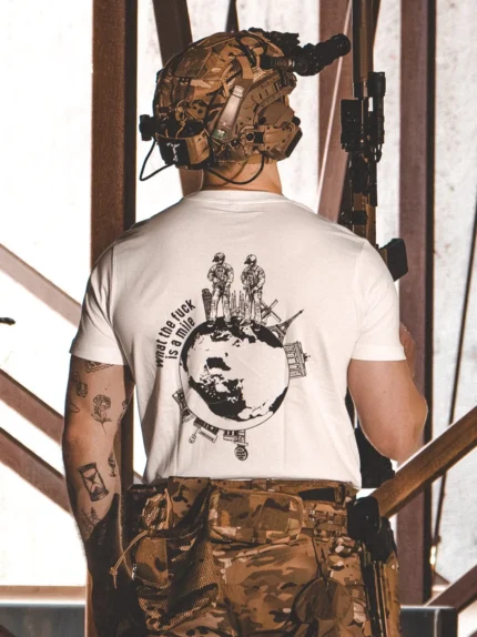 the trace apparel collection featuring 2 operators standing on europe and watching america saying wtf is a mile