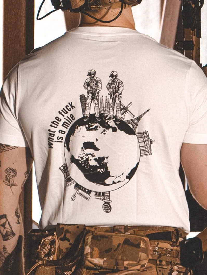the trace apparel collection featuring 2 operators standing on europe and watching america saying wtf is a mile