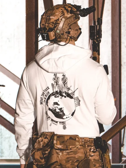 the trace apparel collection featuring 2 operators standing on europe and watching america saying wtf is a mile