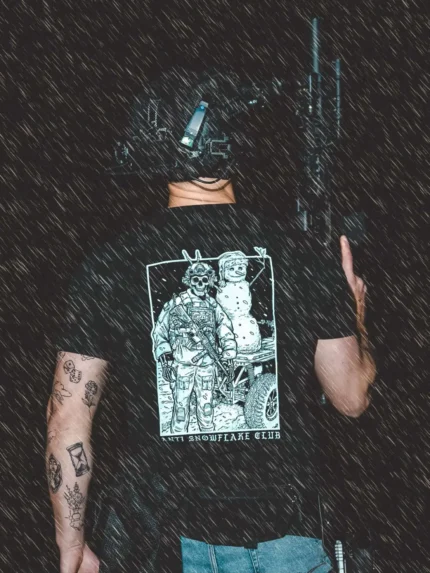 the trace apparel collection featuring a design with a military operator standing next to a snowman with a text saying anti snow flake club