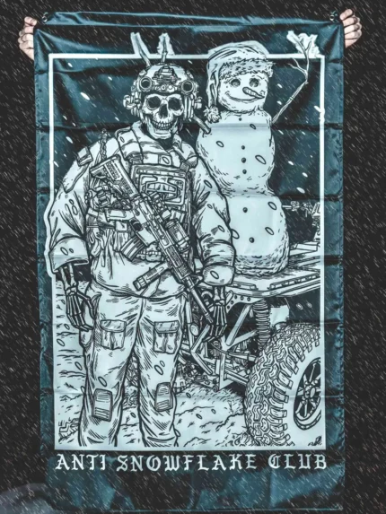 the trace apparel collection featuring a design with a military operator standing next to a snowman with a text saying anti snow flake club