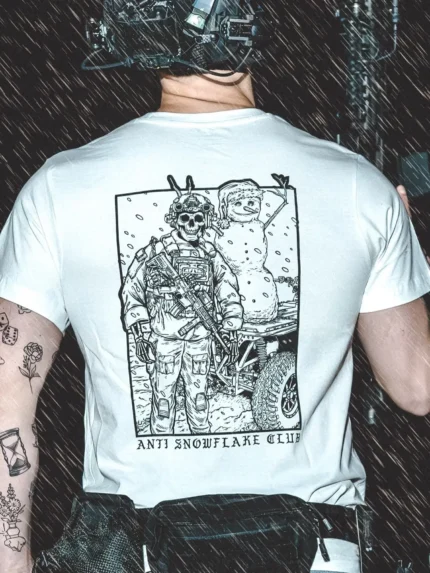 the trace apparel collection featuring a design with a military operator standing next to a snowman with a text saying anti snow flake club