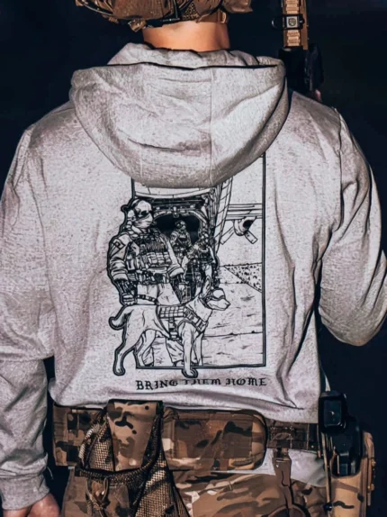 black hoodie from The Trace featuring k9 and his doghandler on a rescue mission by c130.
