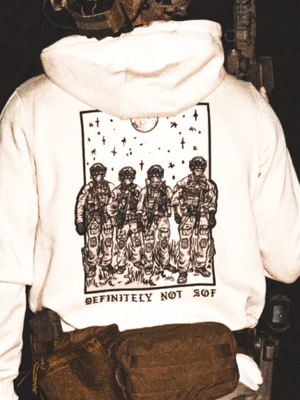 white hoodie from The Trace featuring a special operations force with a text saying definitely not sof