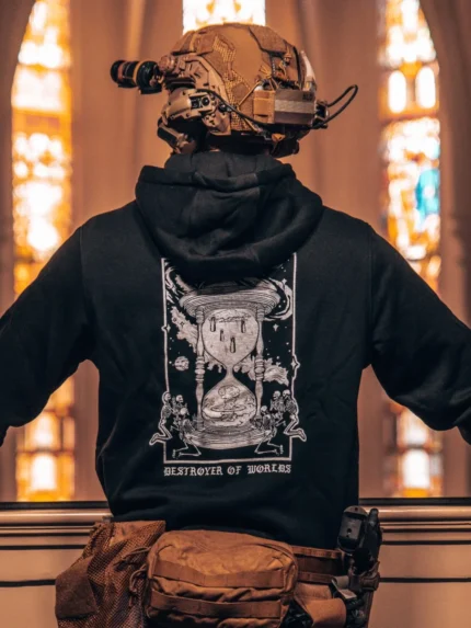 the trace apparel collection featuring skeletons praying to an hourglass showing atomic weapons dropping