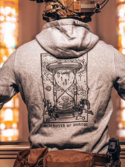 the trace apparel collection featuring skeletons praying to an hourglass showing atomic weapons dropping