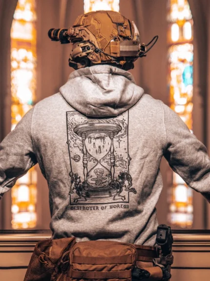 the trace apparel collection featuring skeletons praying to an hourglass showing atomic weapons dropping