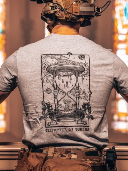 the trace apparel collection featuring skeletons praying to an hourglass showing atomic weapons dropping