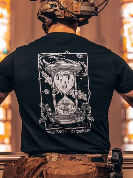 the trace apparel collection featuring skeletons praying to an hourglass showing atomic weapons dropping