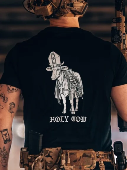 the trace apparel collection featuring a holy cow armed with weapons