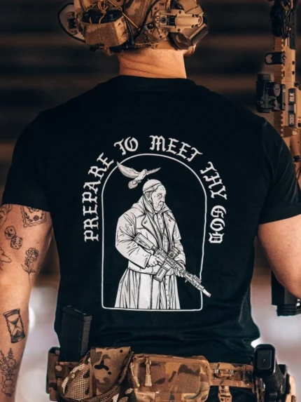the trace apparel collection featuring the pope with a weapon saying prepare to meet thy god