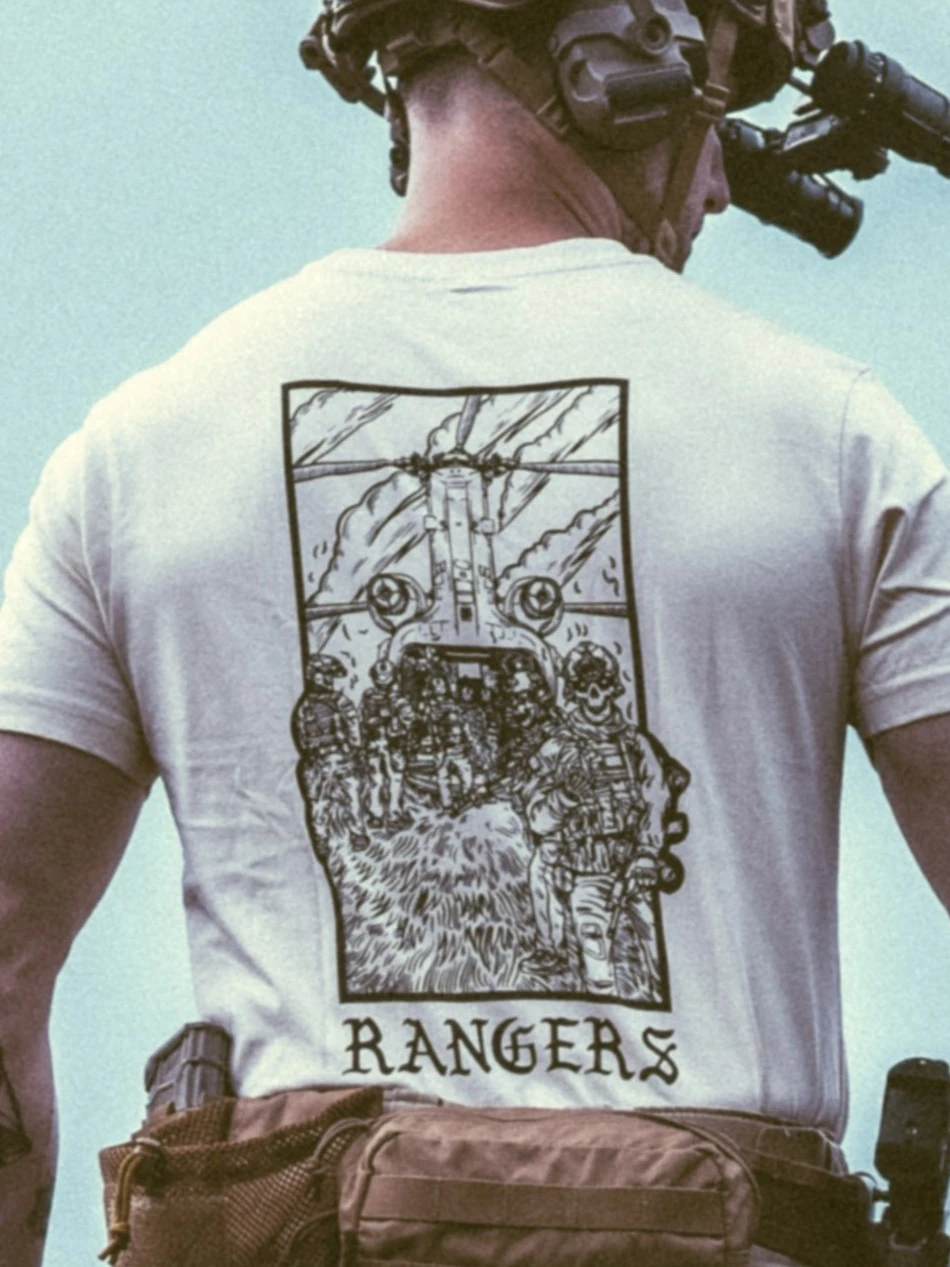 the trace apparel collection featuring rangers boarding a chinook
