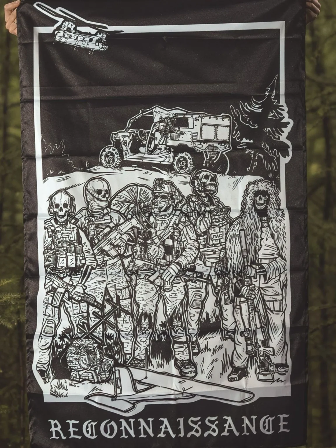 the trace apparel collection featuring a military reconnaissance group standing next to their equipment