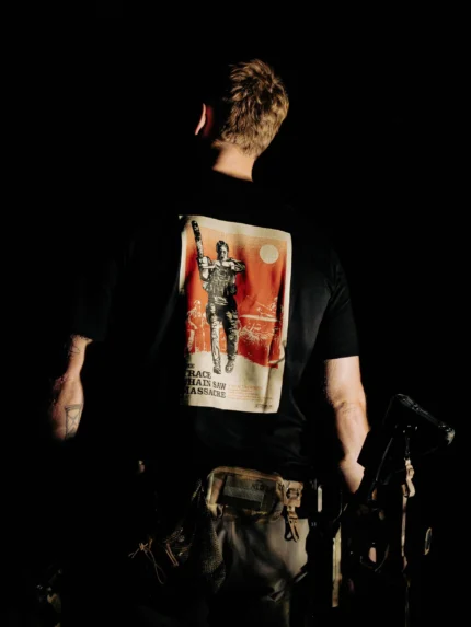 Halloween Chainsaw Massacre T-shirt in black by The Trace, back print with the chainsaw movie poster design