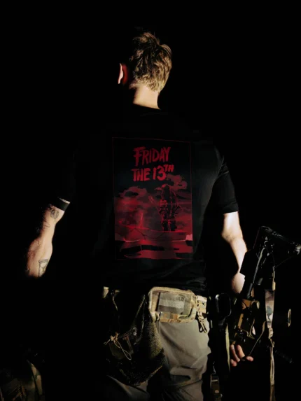 Halloween Friday the 13th T-shirt in black by The Trace, back print with a red horror poster of a masked soldier