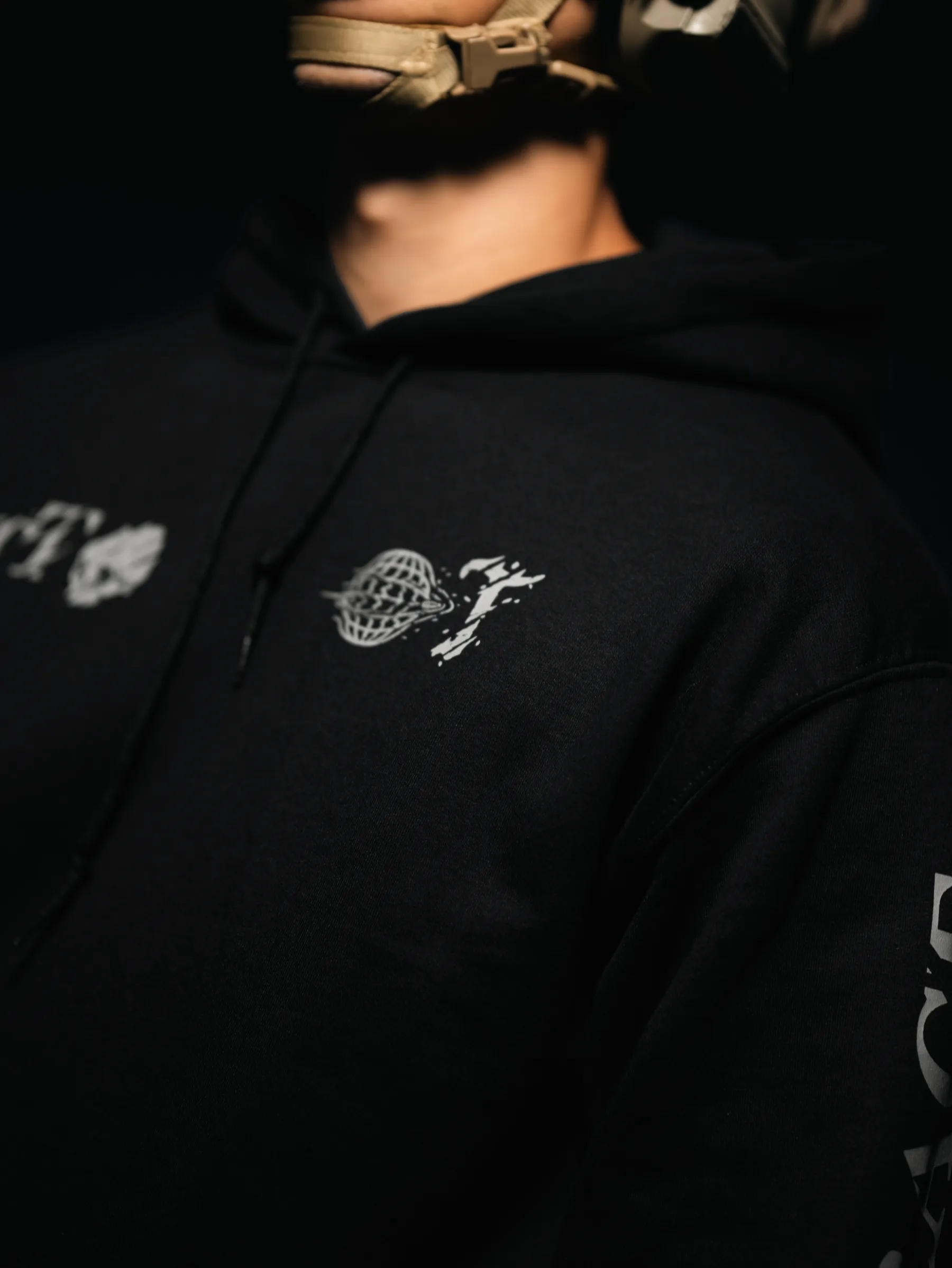 Tier 1 Grey Controlled Chaos Hoodie globe and skull chest print detail, military apparel by The Trace