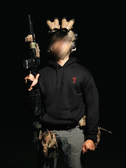 Tier 2 Red Controlled Chaos Hoodie front, military apparel by The Trace